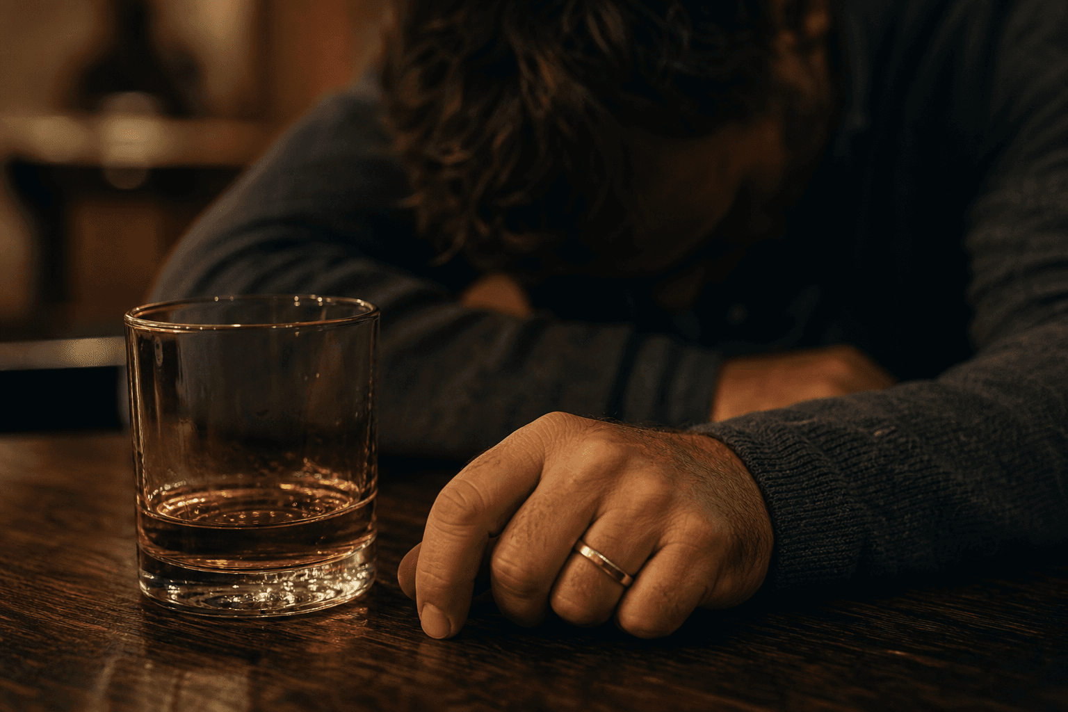 Person facing the weight of alcohol dependency — a quiet moment before choosing recovery