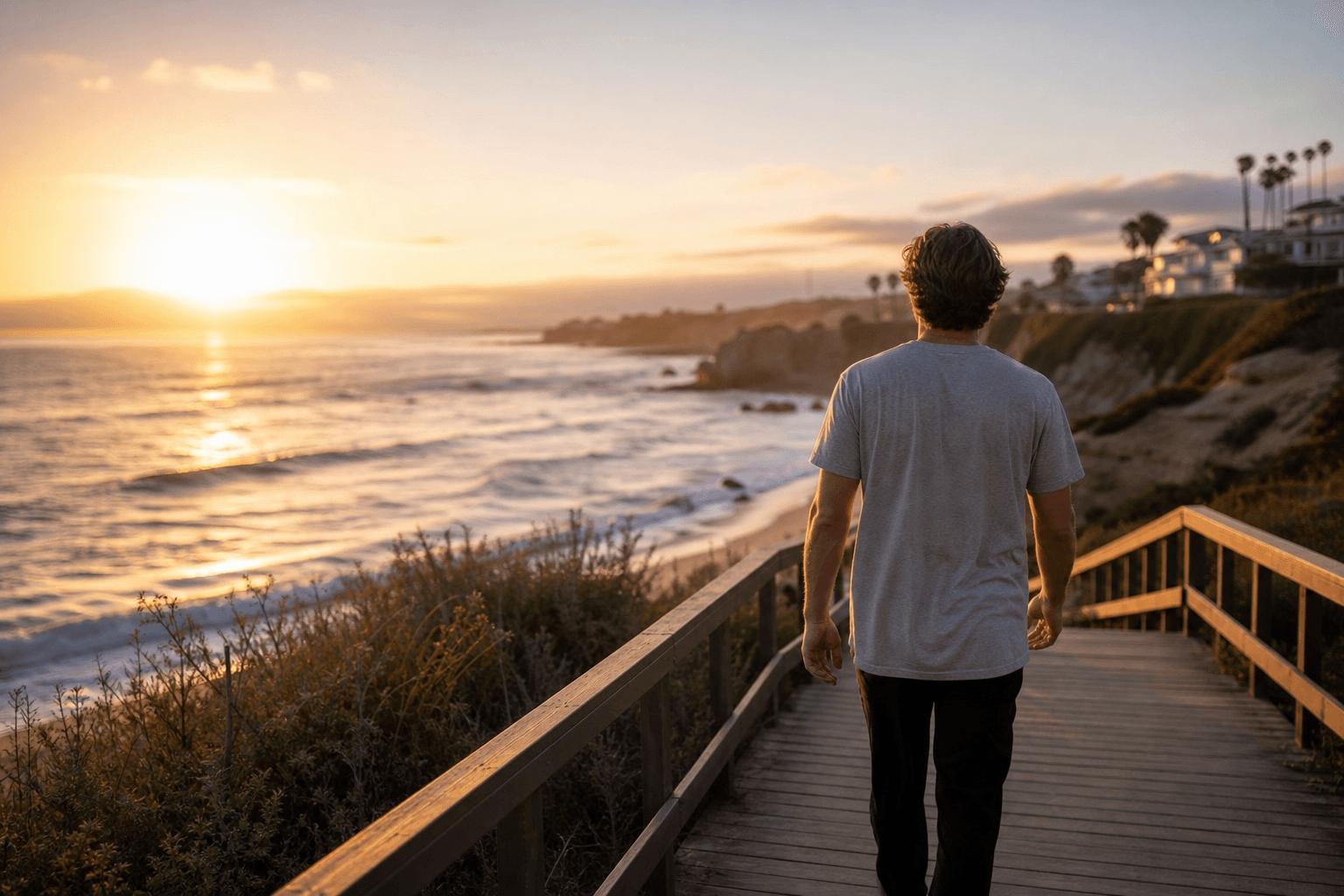 Person walking a coastal boardwalk at sunset — the freedom and clarity of alcohol recovery at Northbound