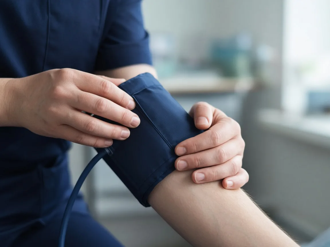 Clinician's hands fitting a blood pressure cuff on a patient's arm during a medical assessment