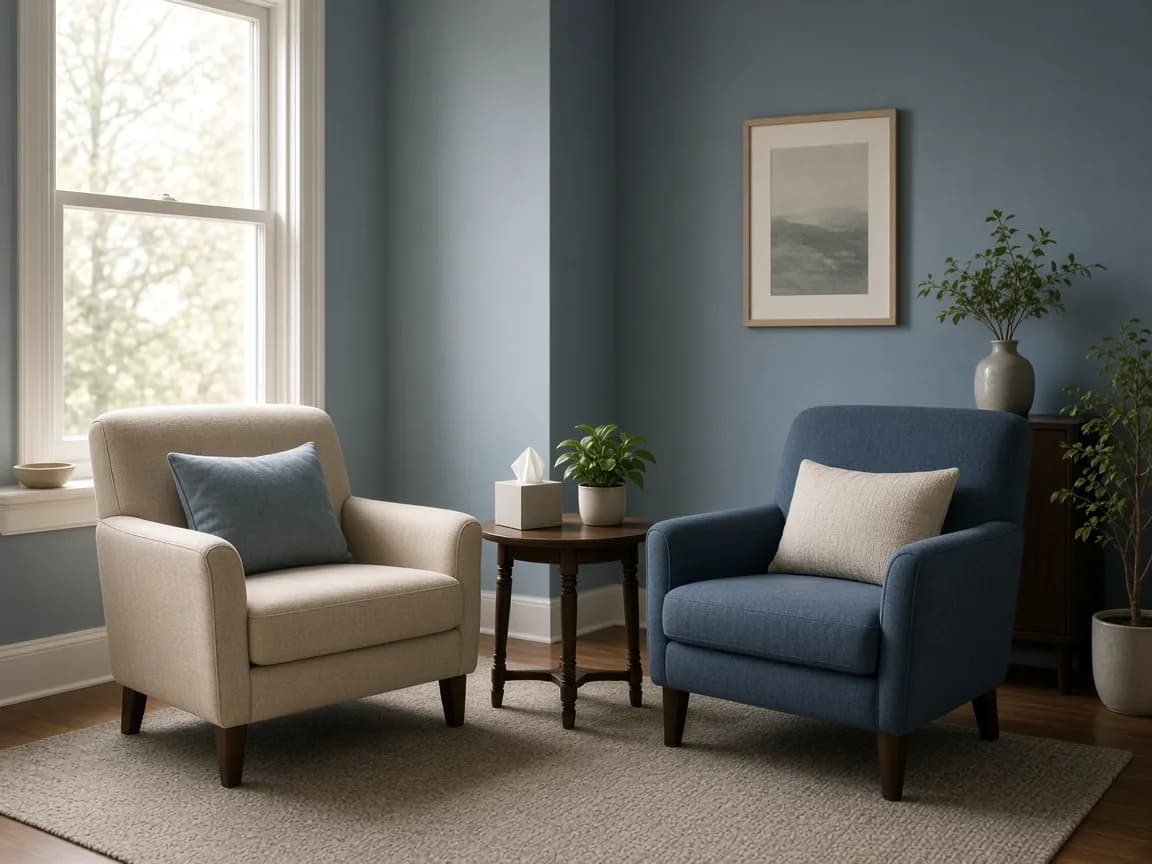 Two armchairs facing each other in a quiet, sunlit therapy room