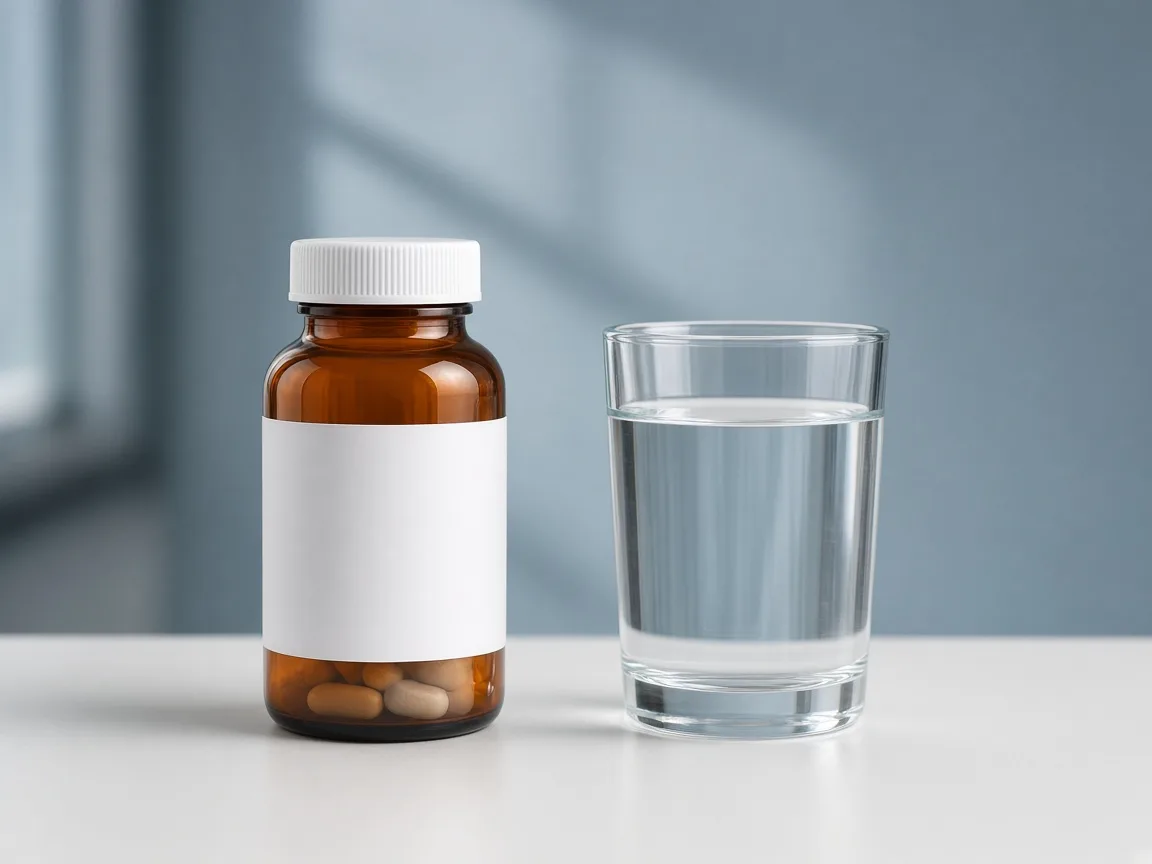 Prescription medication bottle with a blank label beside a glass of water on a clean counter