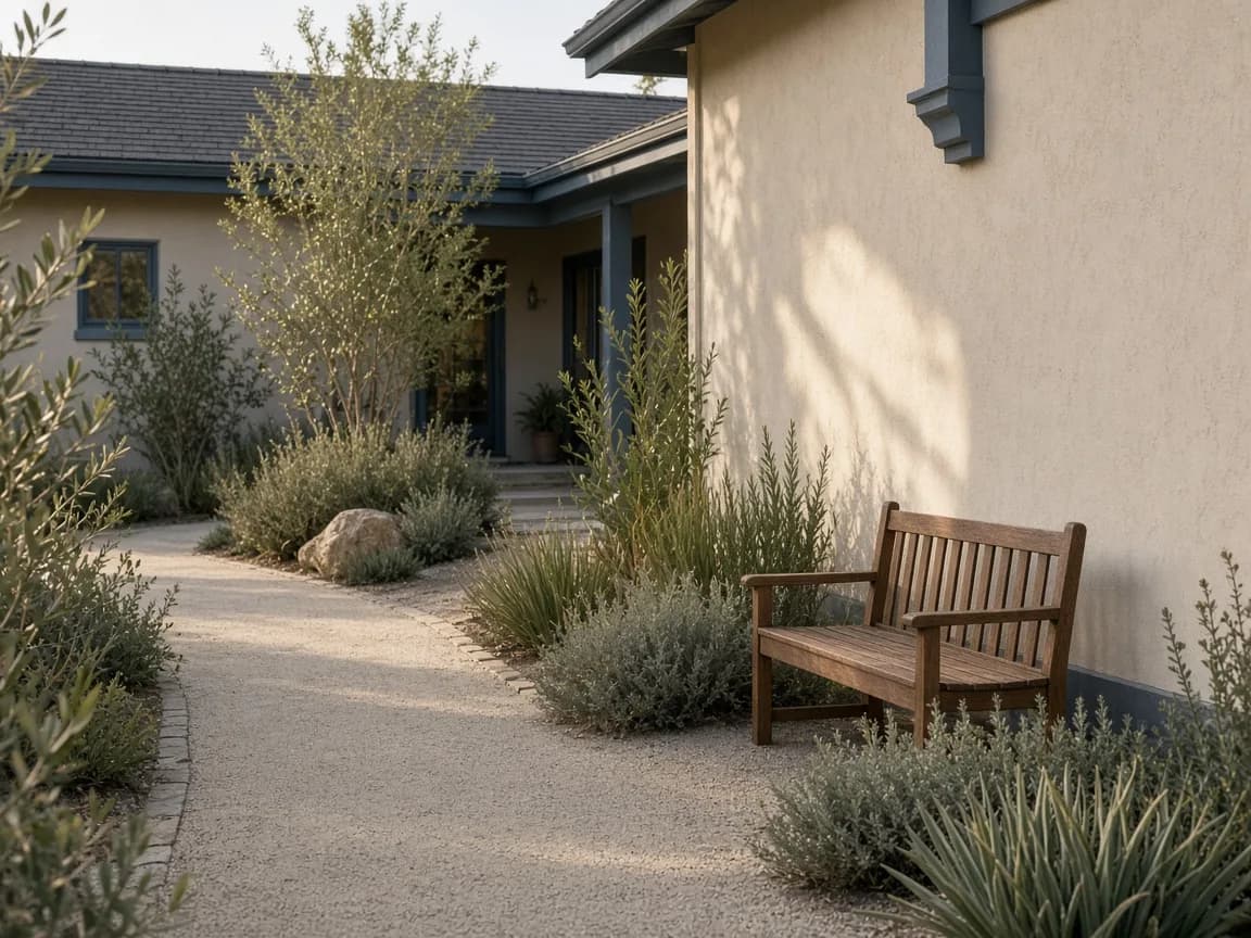 Courtyard walkway with plants and a bench outside a single-story residential treatment home