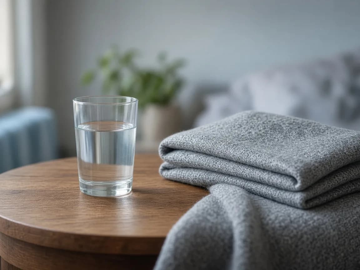 Glass of water and a folded blanket on a wooden bedside table in soft morning light