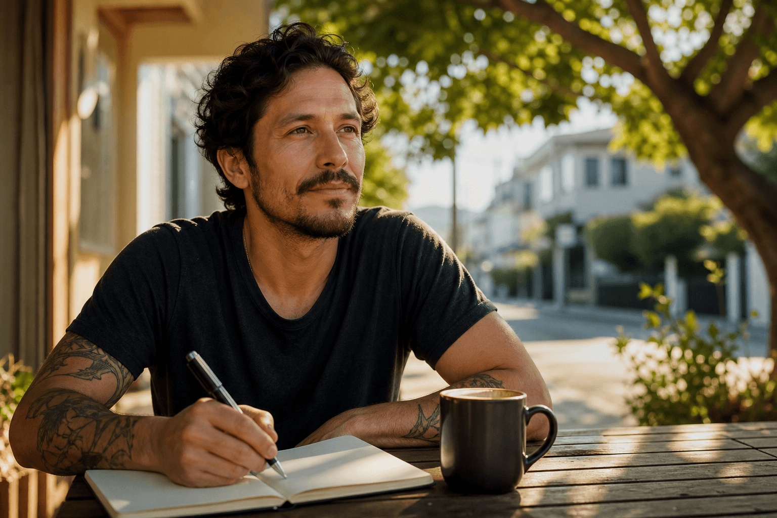 Person journaling with coffee outdoors — calm, grounded, rebuilding life after meth addiction at Northbound