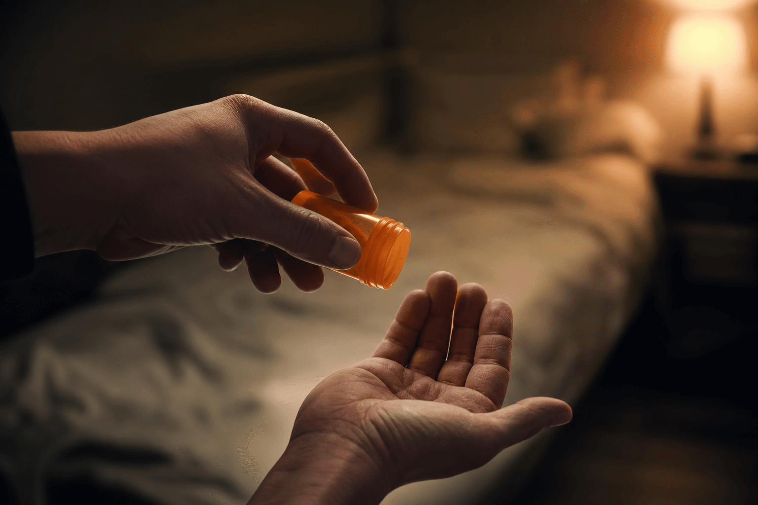 Prescription bottle being emptied into a waiting hand — the quiet, invisible reality of prescription drug addiction