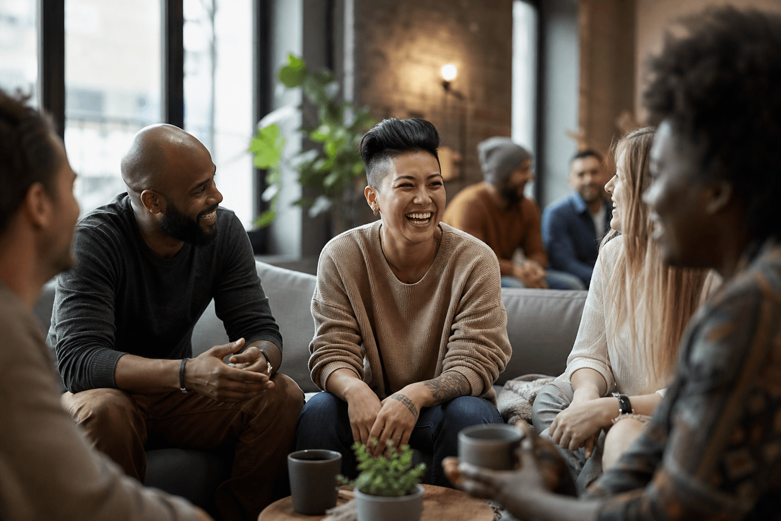 Group of people laughing and connecting in recovery — the community and joy of life after prescription drug addiction
