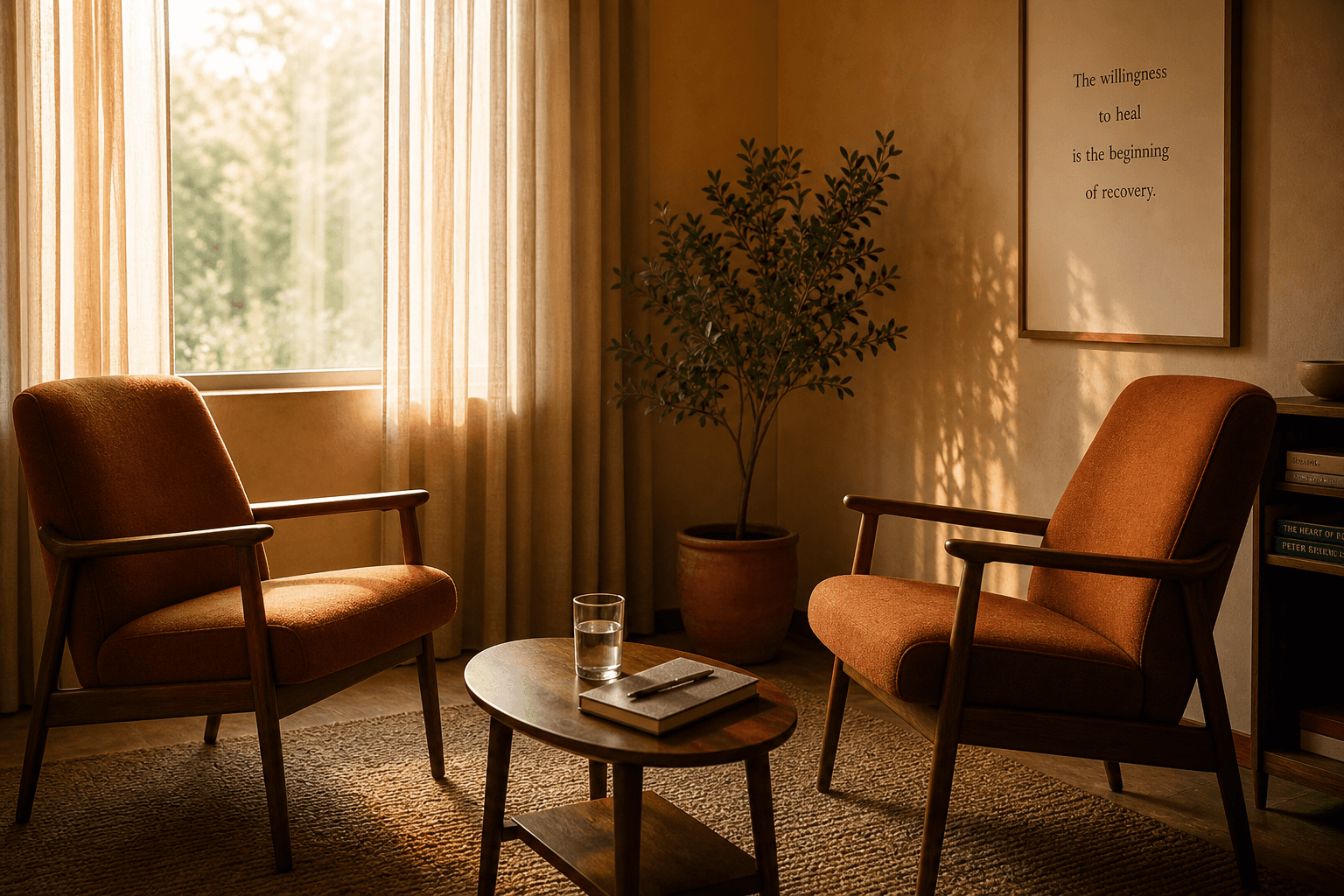 Quiet one-on-one therapy room with mid-century lounge chairs and warm afternoon light at Northbound.