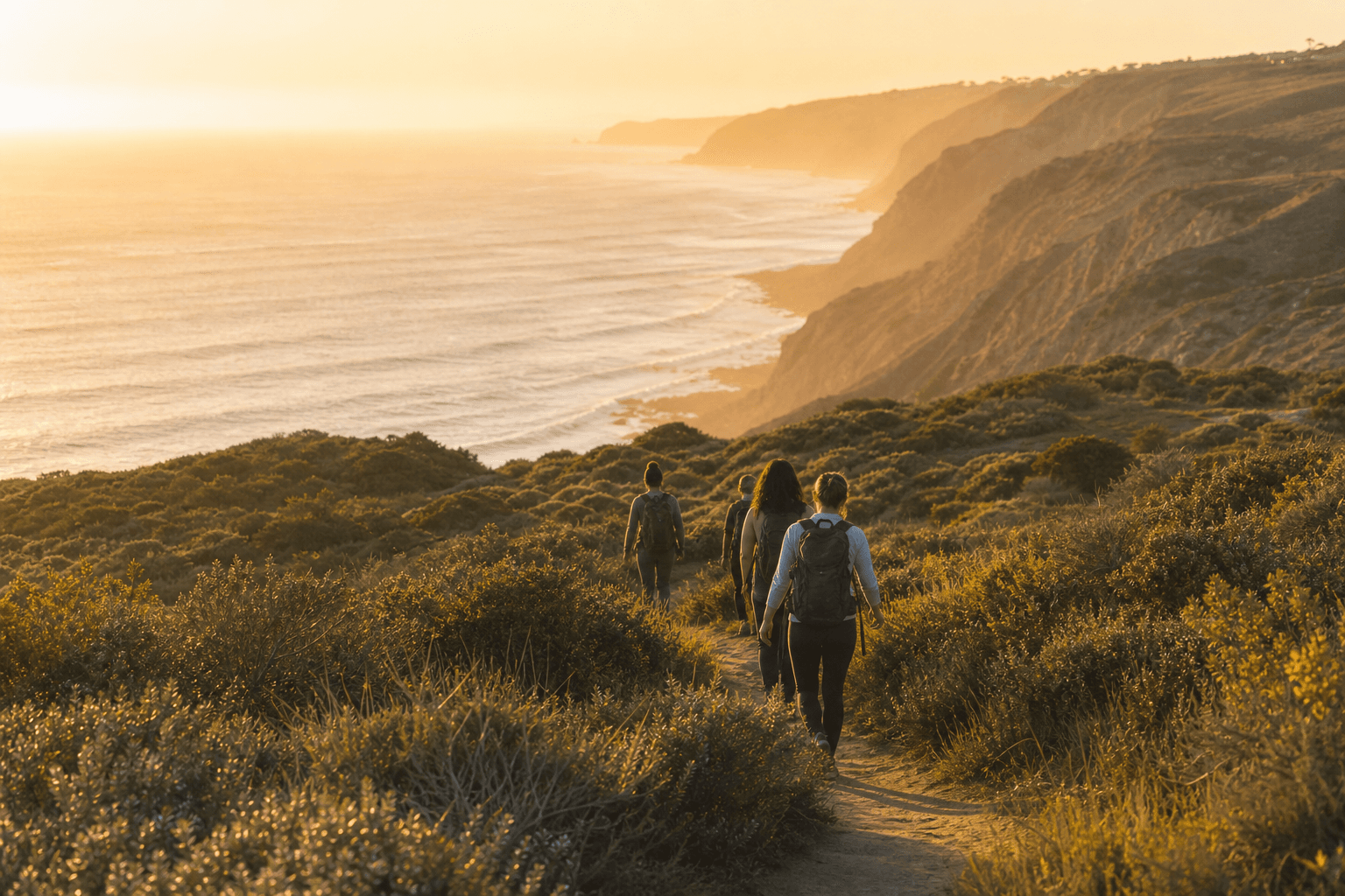 Northbound clients hiking a Southern California coastal trail at golden hour as part of adventure therapy.