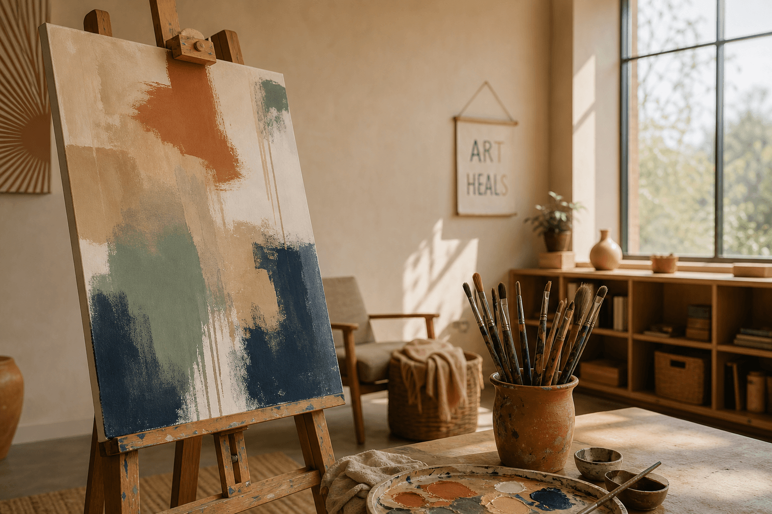 Half-finished abstract painting on an easel inside Northbound's warm sunlit art therapy studio.