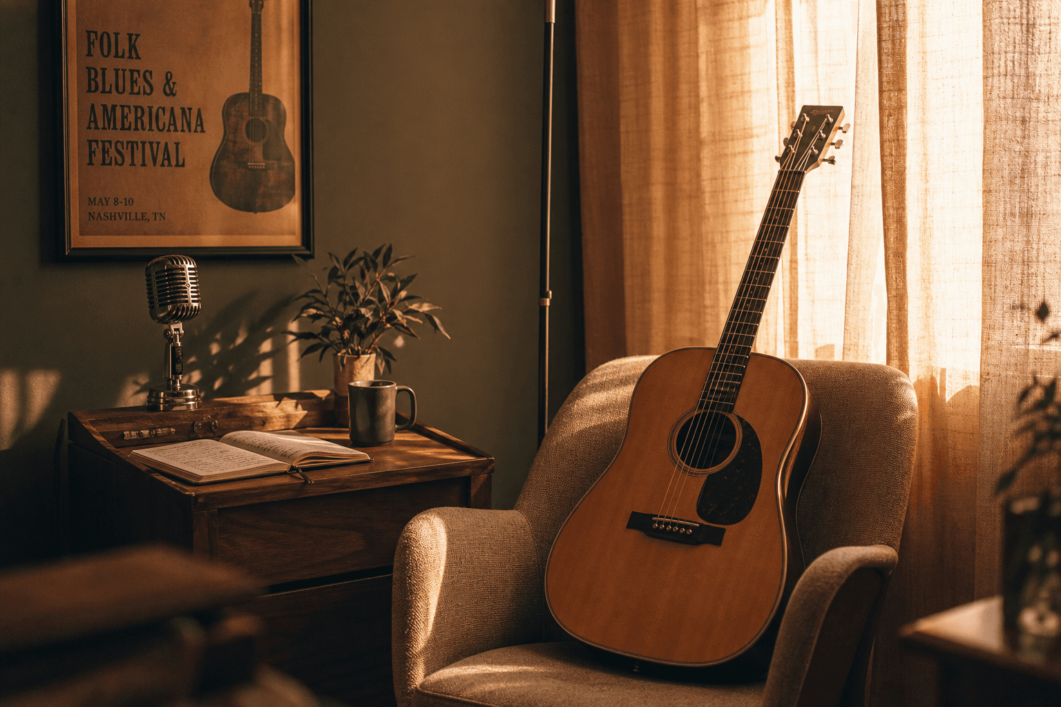 Acoustic guitar resting against a chair in Northbound's sunlit music recovery space.