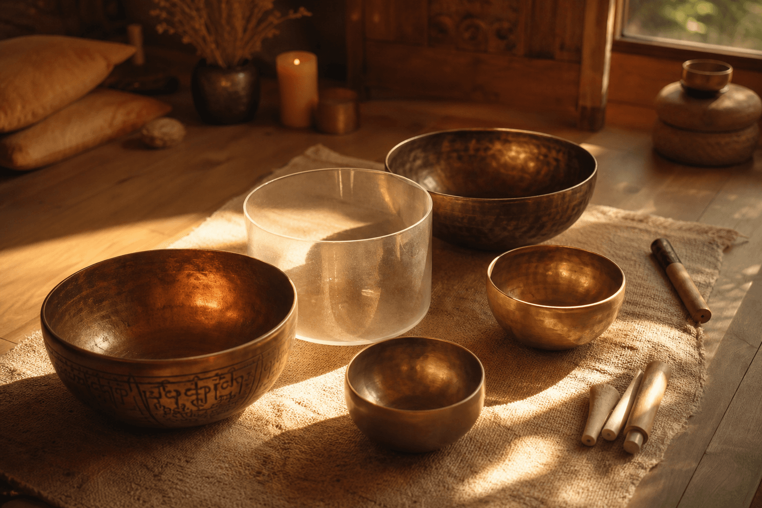 Bronze and crystal singing bowls arranged for a sound bath session at Northbound.