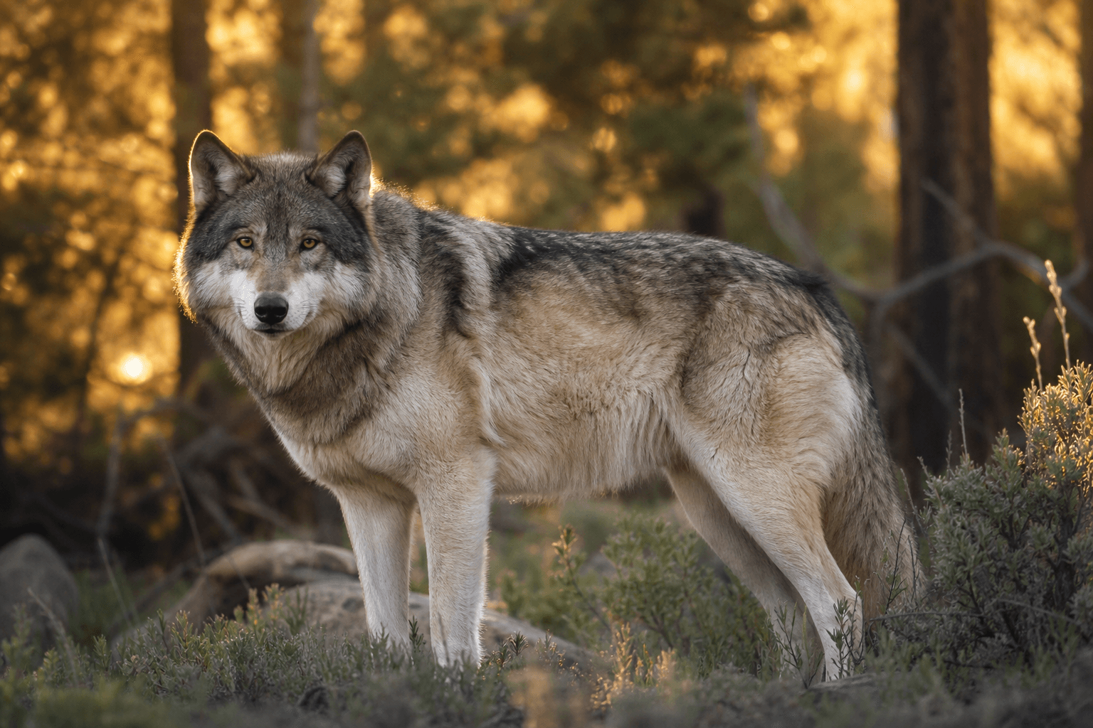 Calm gray timber wolf in a sunlit forest clearing during a Northbound wolf-assisted therapy session.