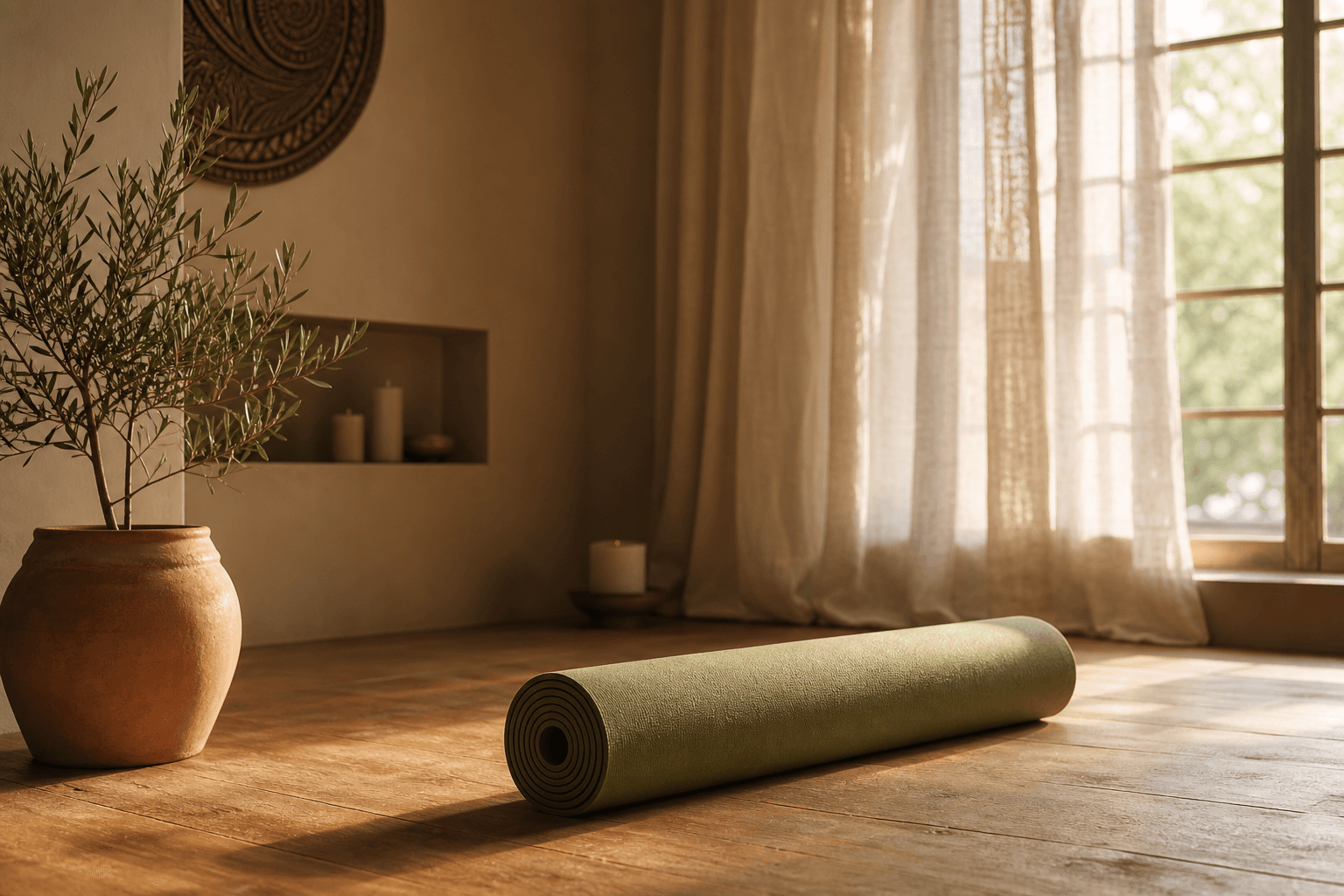 Sage green yoga mat unrolled on warm wood floor in Northbound's mindfulness and somatic yoga studio.