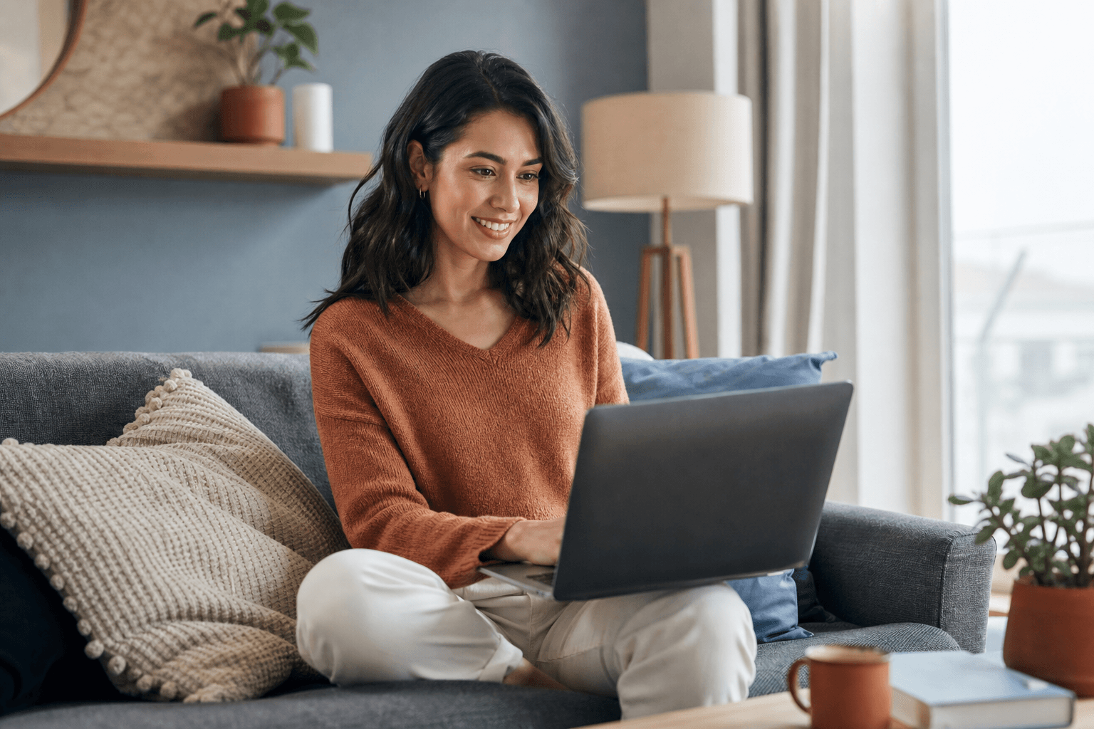Woman attending a secure virtual outpatient therapy session from home