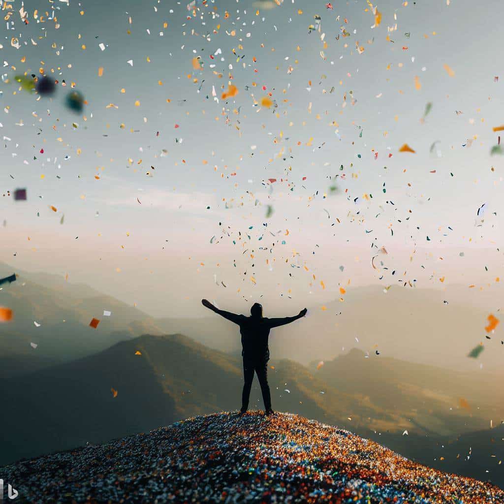 A person feeling celebratory, overlooking a valley.